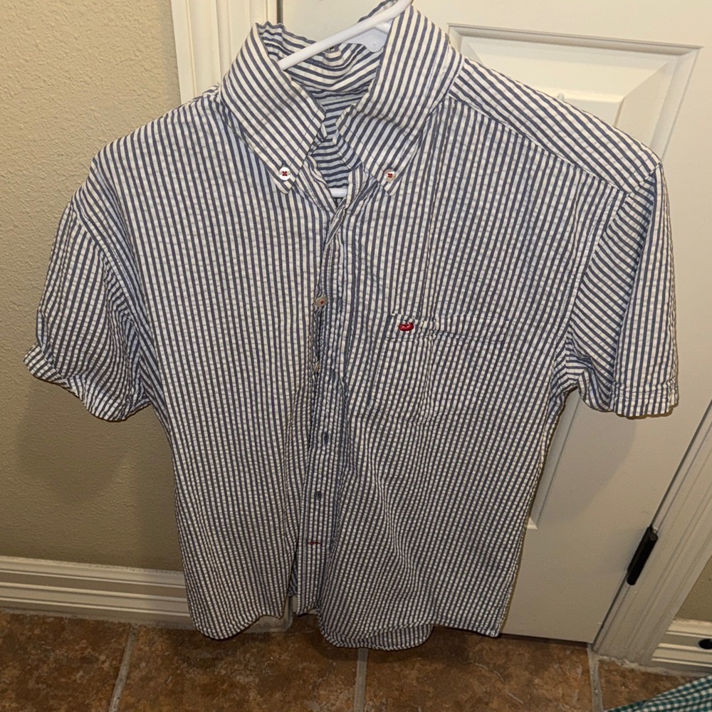 Southern Marsh Navy and White Striped Button Down Seersucker Shirt